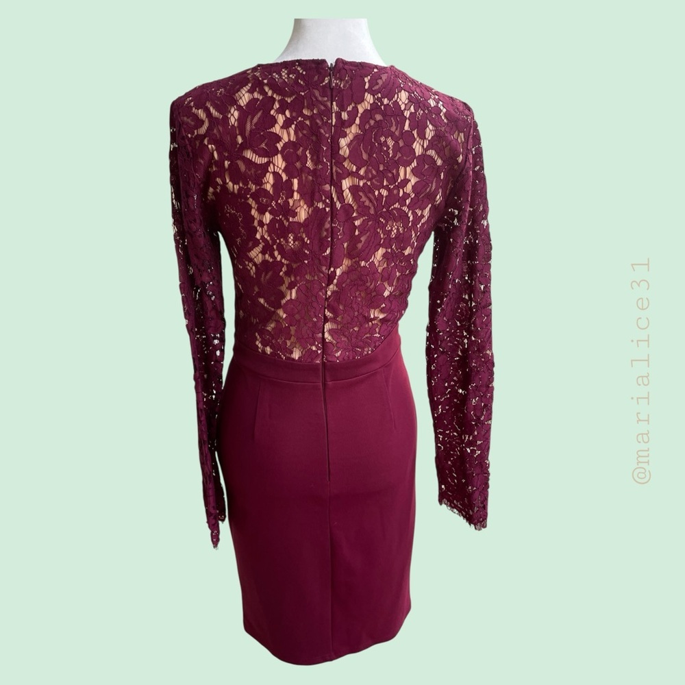 Lulu's Burgundy Lace Long Sleeve Dress. Deep V-neck. EUC. Medium. - Picture 3 of 11